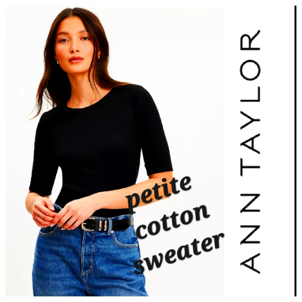ANN TAYLOR sweater tailored cotton tee top shirt blouse black medium petite